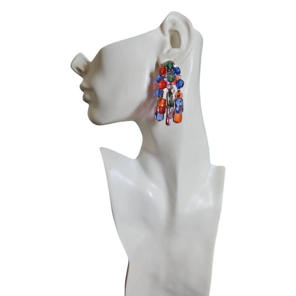 Colorful Beaded Cluster Fringe Stud Earrings | Vintage 1980s | 2.25"